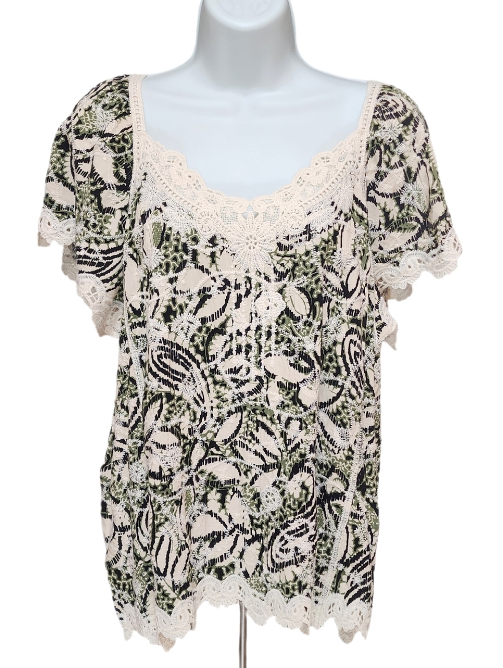Democracy Lace Trim Crochet Floral Embroidered Top Flutter Sleeves Green/Cream M